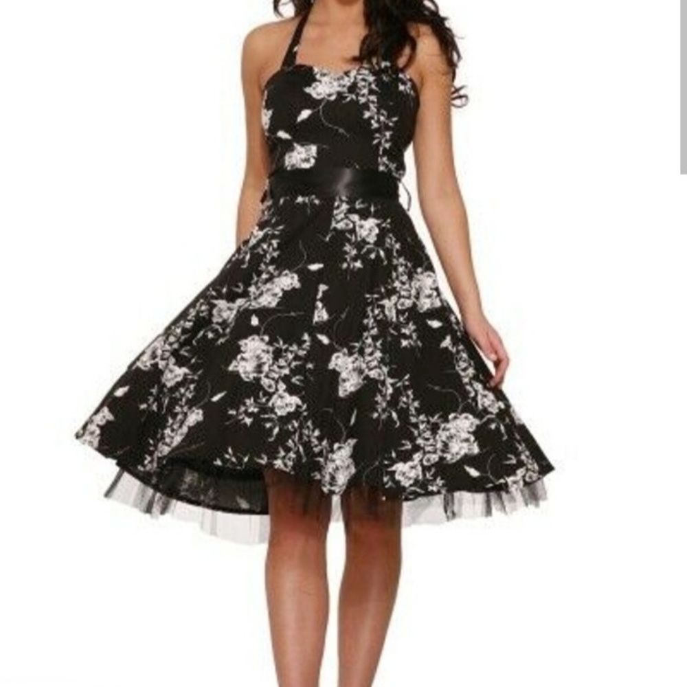 Hearts & Roses Black White Rose Print Halter Fit Flare Dress Tulle